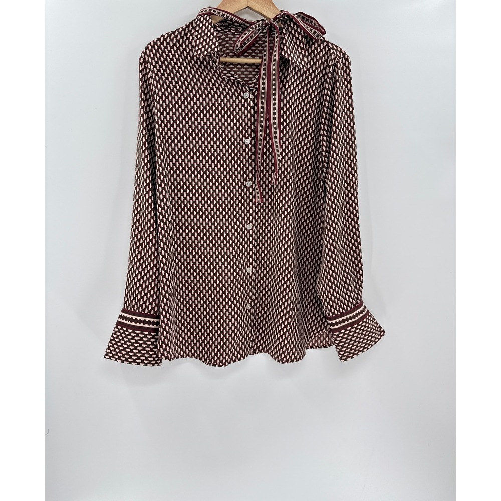 Max Studio London Burgundy Geometric Neck Tie Button Down Blouse See Measure